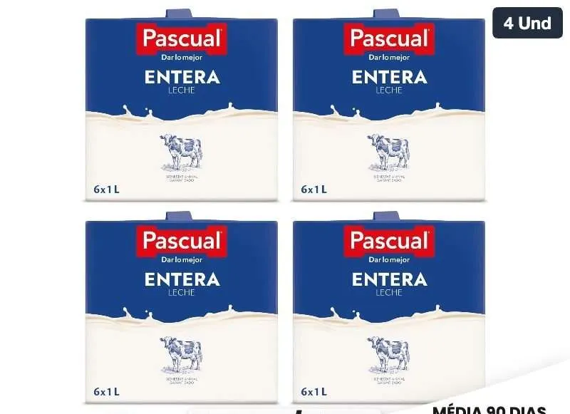 4x Leche Pascual - Leche Entera - Bienestar Animal - Pack 6 x 1L - Ideal para niños y adultos, Producto Natural y Saludable (total 24l)