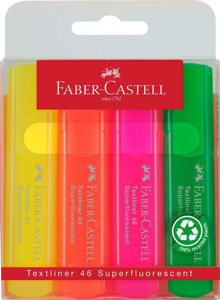 Faber-Castell 154604 - Estuche con 4 Marcadores Fluorescentes - Amarillo - Naranja - Rosa - Verde