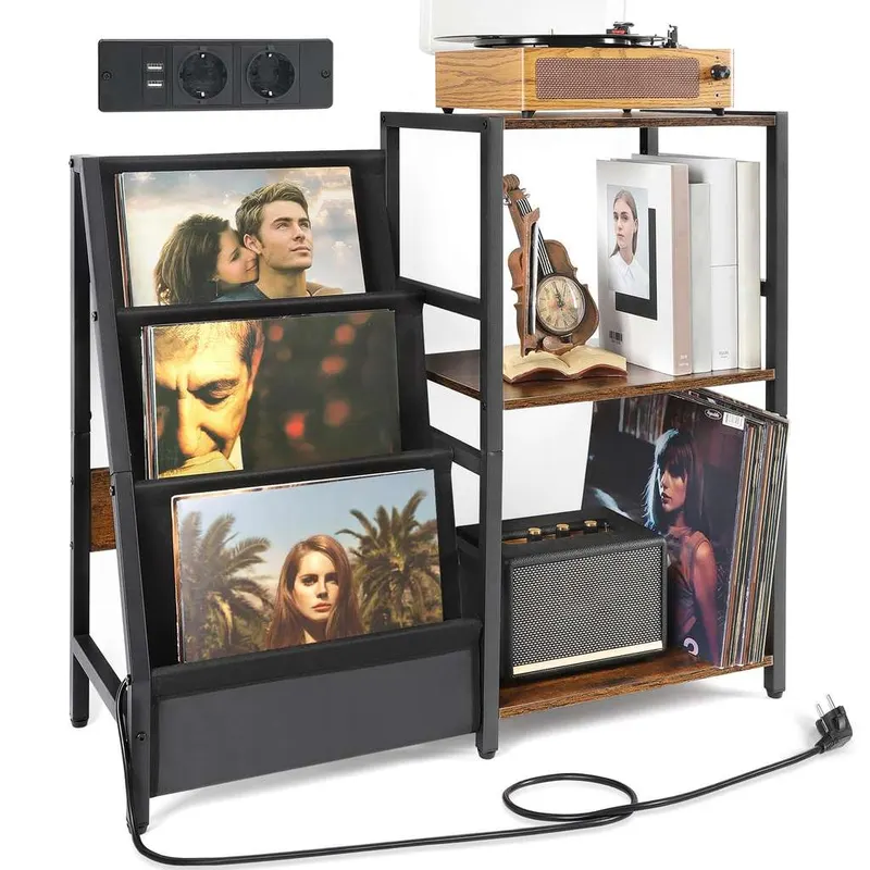 Mesa Auxiliar para Tocadiscos con Toma de Corriente, Almacenamiento de Vinilos de 3 Niveles Hasta 200 Álbumes