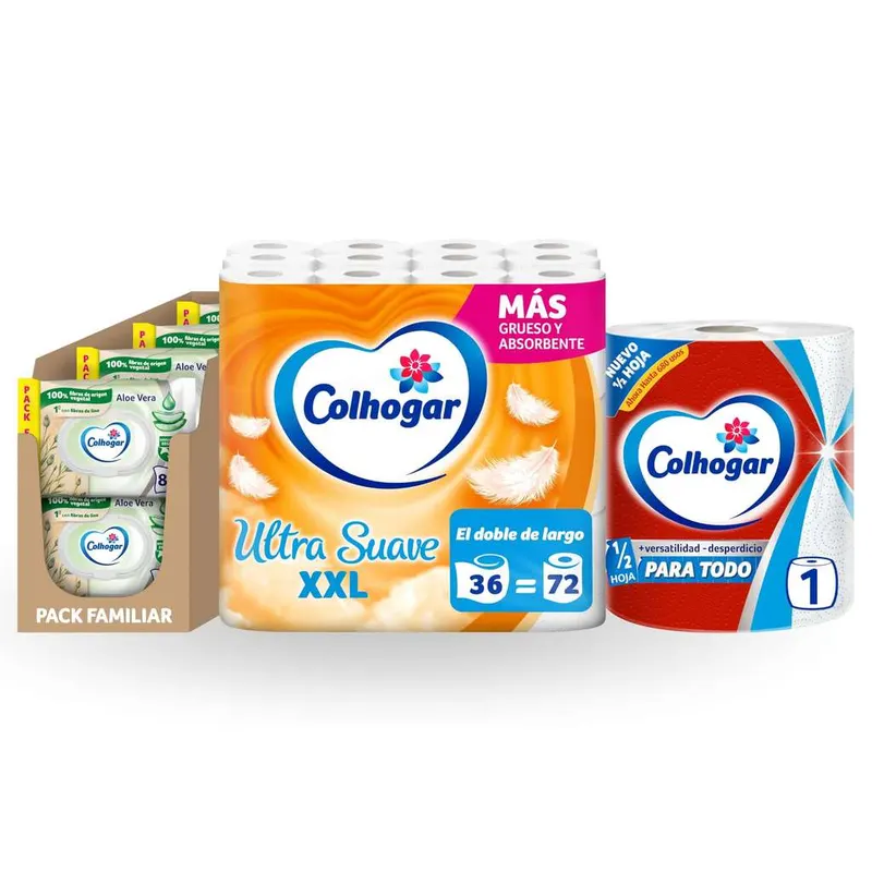 Lote Colhogar Hogar Completo: Papel Cocina Paratodo Jumbo 1 rollo + Papel Higiénico Ultra Suave XXL 36 rollos + Toallitas Húmedas Aloe 8x80