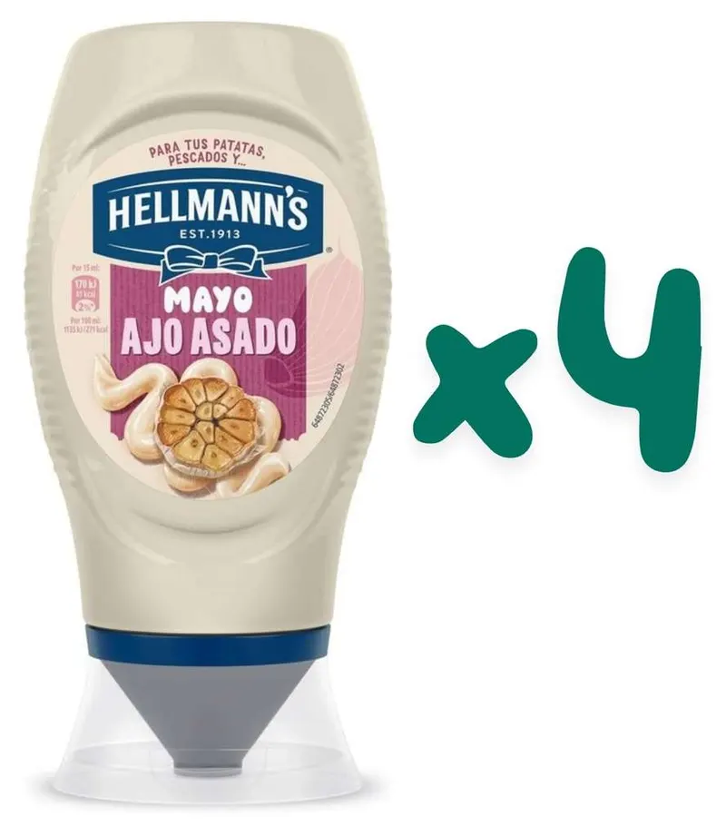4 x Hellmann's Mayo Ajo Asado Bocabajo 250ml (3'86€ con suscripciones activas)