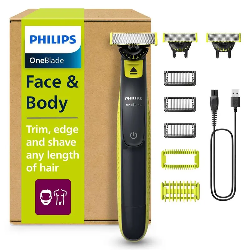 Philips OneBlade 360 Auténtico Barbero, afeitadora y recortadora eléctrica facial y corporal, 3x 360 cuchillas, 3x peine