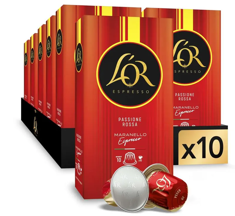 Café Espresso L'OR Maranello | 100 Cápsulas Intensidad 10, compatible con máquinas Nespresso