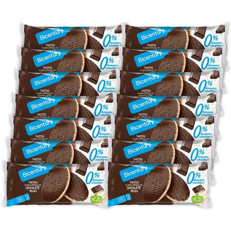 Bicentury - Tortita de arroz integral con chocolate negro sin azúcars añadidos (14 unidades x 4 sobres de 2 tortitas cada uno)
