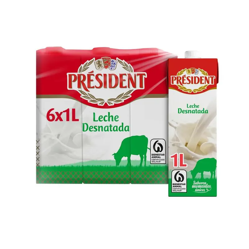 Pack 6 x 1 L Président - Leche Président Desnatada, Leche Natural de Galicia, Fuente de Calcio y Proteínas, Sin Gluten, Bienestar Animal