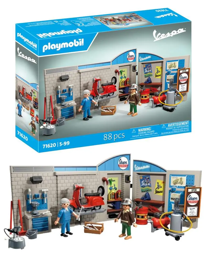 PLAYMOBIL Cars 71620 Taller Vespa años 60, Incluye Plataforma elevadora móvil, con Accesorios versátiles para un Taller auténtico