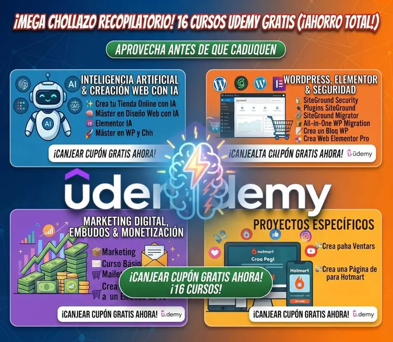 Recopilatorio Chollo! 16 Cursos de Udemy Top en WordPress, IA y Marketing (¡Gratis con cupón!)TODOS EN ESPAÑOL