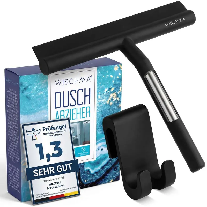 Limpiacristales de Ducha de Silicona, Negro – con Soporte sin Taladro, Núcleo de Acero Inoxidable, para Vidrio, Espejos y Azulejos