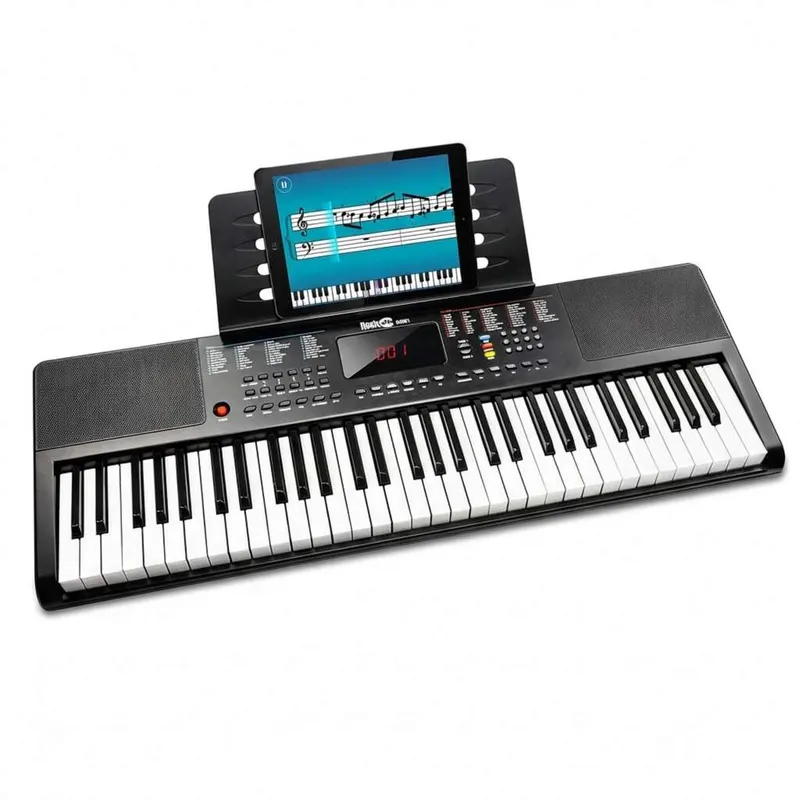 Teclado RockJam compacto de 61 teclas con soporte para partituras, fuente de alimentación, pegatinas para notas de piano y lecciones
