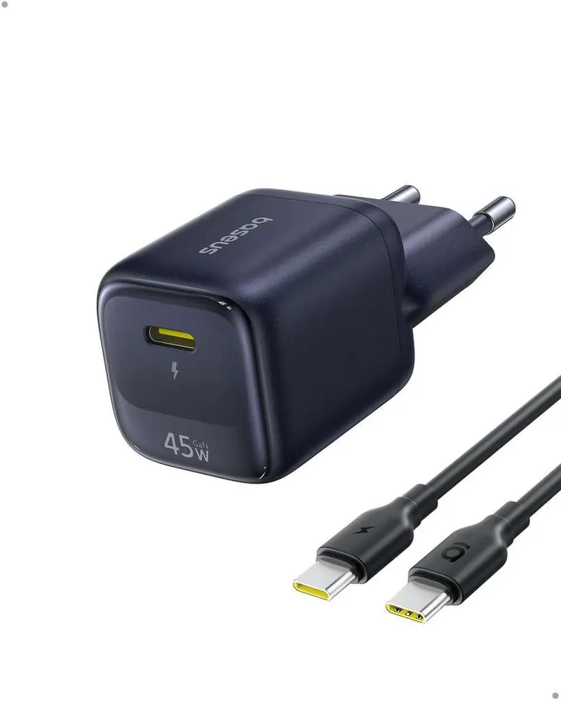 Baseus Cargador USB C 45W GAN con Cable 1 m, Adaptador Carga rápida PPS PD para Samsung S25 Ultra/S24, iPhone 17/16/15 Pro MAX, iPad