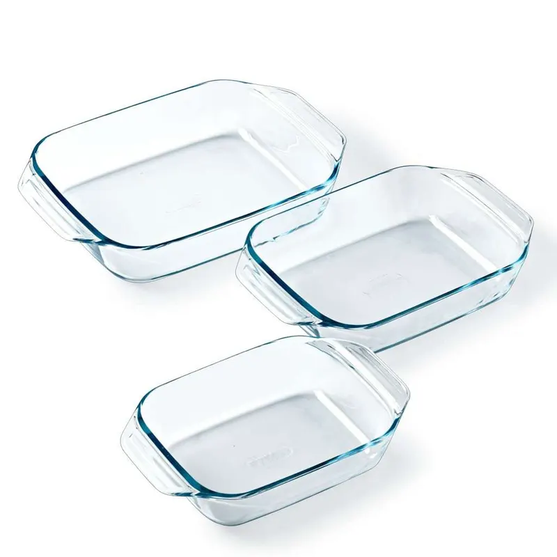 Pyrex - Juego de 3 platos de horno rectangular para 2 a 6 personas, 3 tamaños, vidrio borosilicato, asas anchas, resistencia extrema