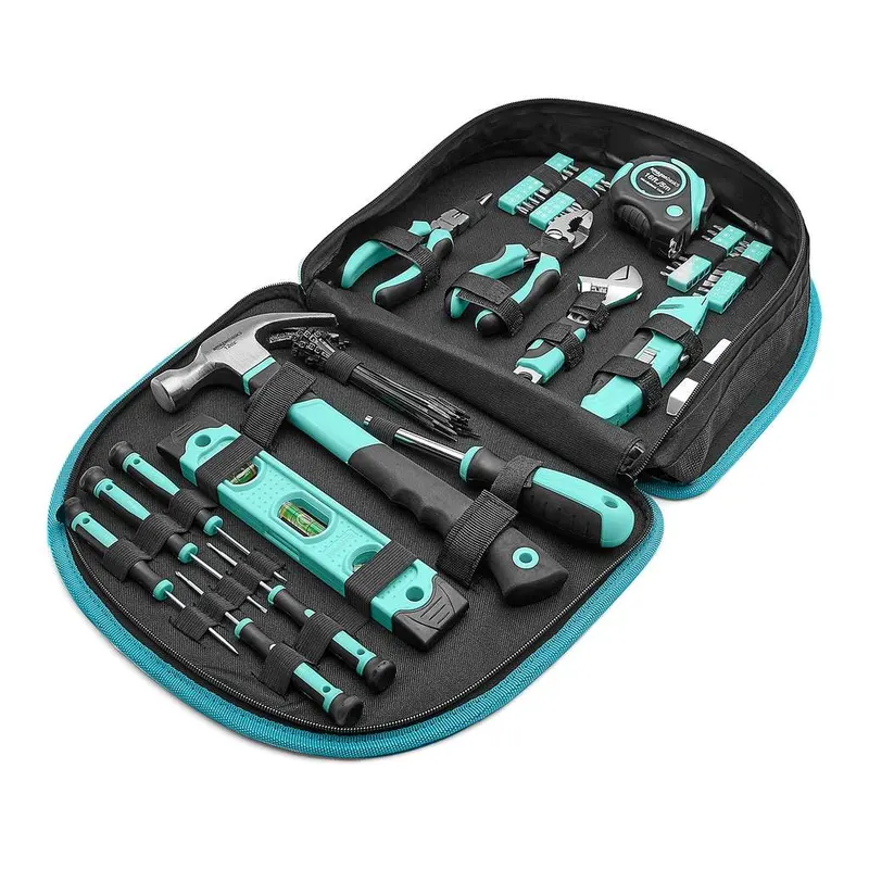 Amazon Basics Juego de herramientas con bolsa redonda de fácil transporte, 104 unidades, Azul turquesa, 36.5 x 29 x 7.6 cm