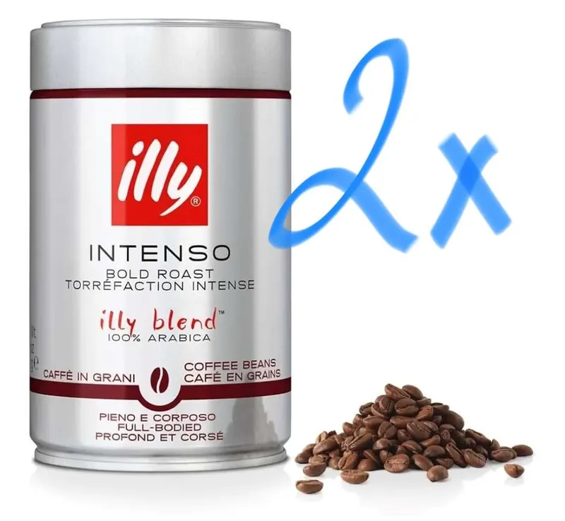 2 x illy, Café en Grano INTENSO, 1 Lata de 250g 100% Arábica con Notas de Cacao y Frutos Secos, Sabor Decidido e Intenso