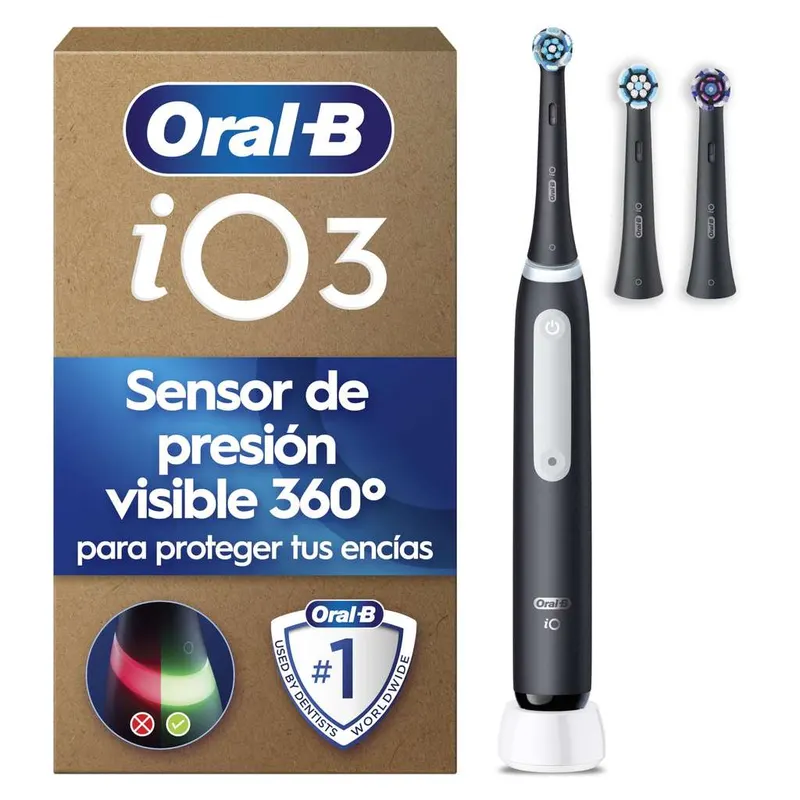 Oral-B iO 3 Cepillo Eléctrico Negro con 3 Cabezales (Tecnología magnética iO, sensor de presión inteligente, 3 modos, en Amazon España)