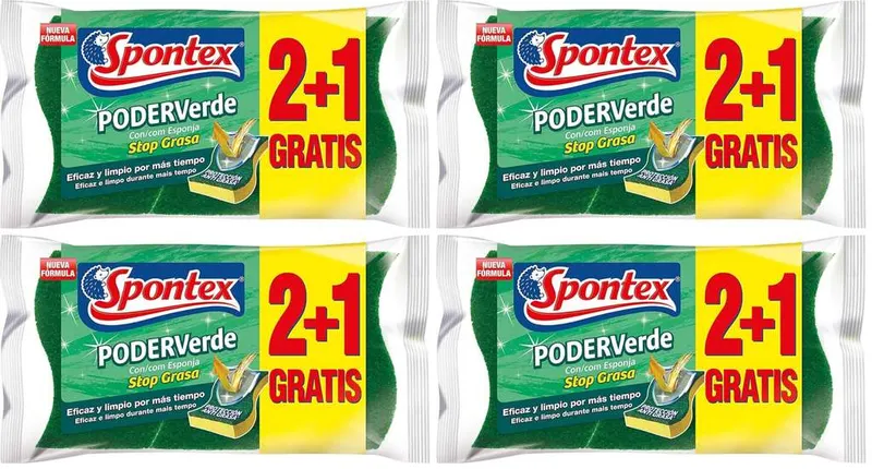 Spontex Estropajos de Fibra con Esponja, 3 estropajos (Paquete de 4)