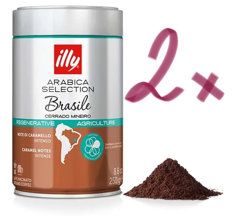 2 x illy, Café Molido para Espresso Brasil Cerrado Mineiro, 1 Lata de 250g 100% Arábica con Notas de Caramelo y Frutos Secos, Sabor Intenso