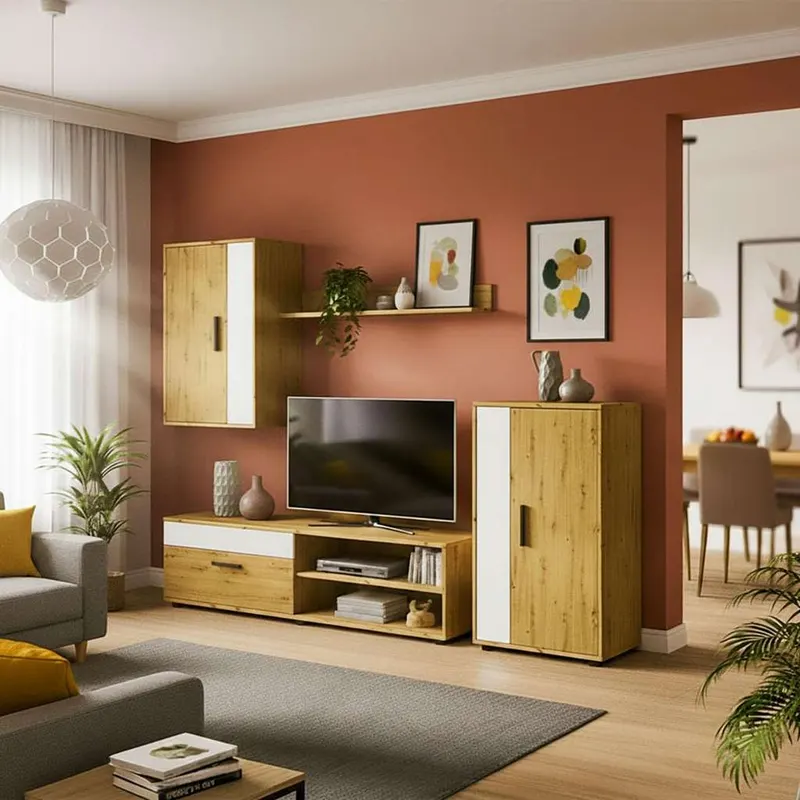 Mueble de Salón, Composición Modular de TV, Modelo: Lunet 190, Acabado en Alpino y Blanco,140 cm (Largo) x 35 cm (Fondo) x 36,2 cm (Alto)