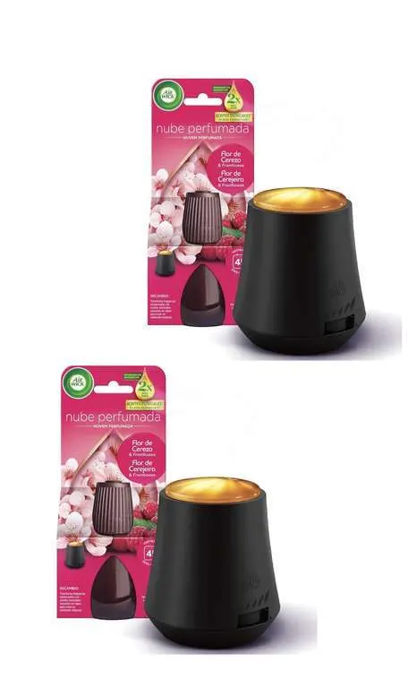 2 x Air Wick Essential Mist, Ambientador difusor de aceites esenciales que brilla al liberar vapor, con aroma a Flor de Cerezo y Frambuesa