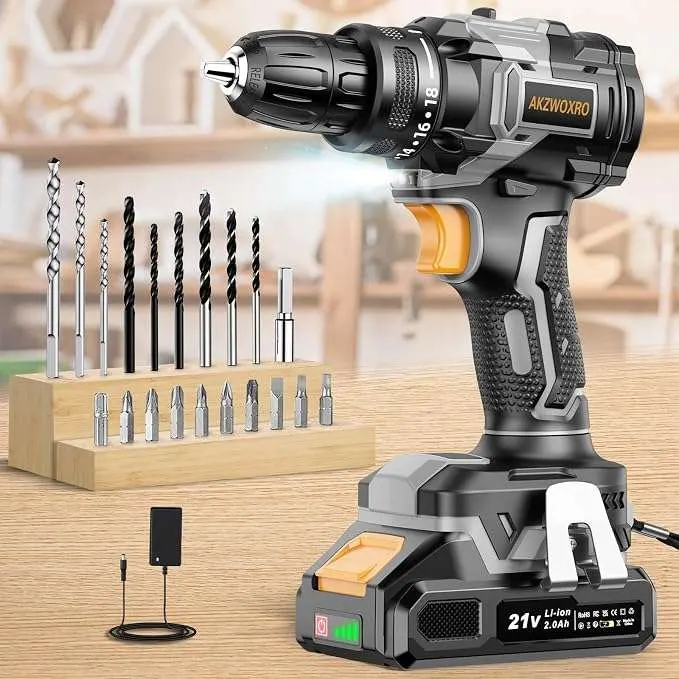 Taladro atornillador sin escobillas de 21 V, 42 Nm, batería de 2,0 Ah