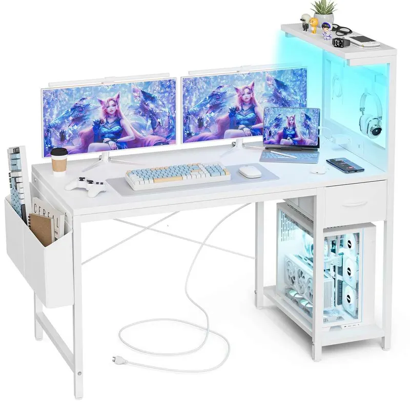 Grandder Escritorio Gaming 120x50 cm con Enchufe LED RGB Estantes Abatibles Cajón Organizador para PC Portátil Hogar/Oficina Incluye Bolso