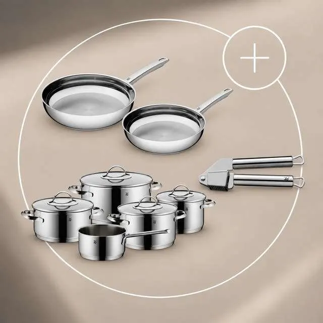 Pack de 2 sartenes Profi (24 y 28 cm), Batería de cocina Aparto de 5 piezas y Prensador de ajos Profi Plus WMF