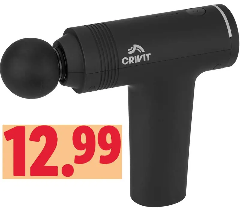 Mini pistola de masaje Crivit (5 niveles, USB-C, con estuche) a 12,99€ con cupón Lidl Plus (El 19 de Oct.).