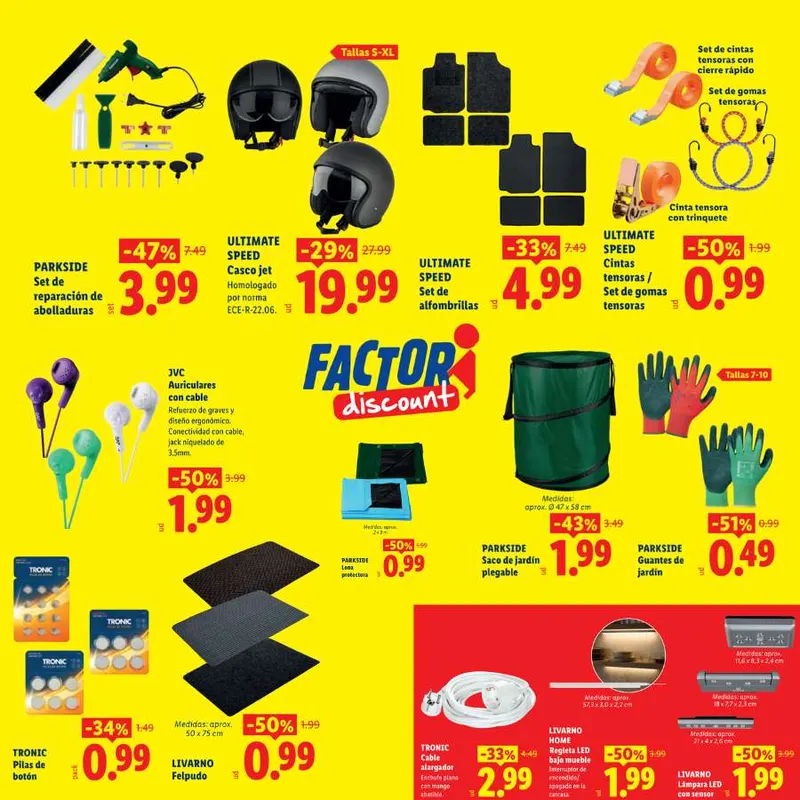 Auriculares, Set de reparación, Casco jet, Set de alfombrillas, Felpudo, Cuencos, Enchufe, Guantes, Ropa y Más (Factori LIDL)