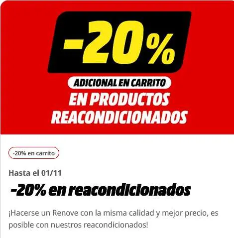 -20% en productos reacondicionados. Aplicado en carrito